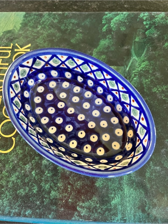 Other - Polish Hand-Painted Oval Ceramic Bowl in Cobalt Blue and Cream